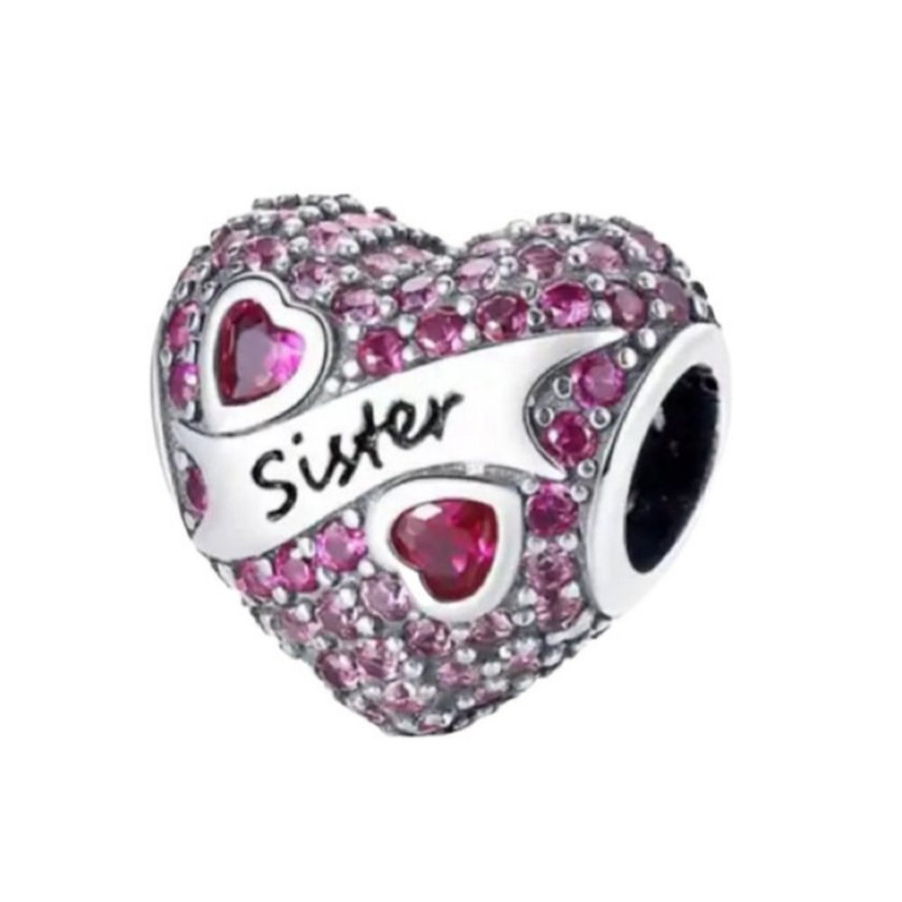 Linx Sterling Silver Sister Heart Bracelet Charm with Pink Rhinestones